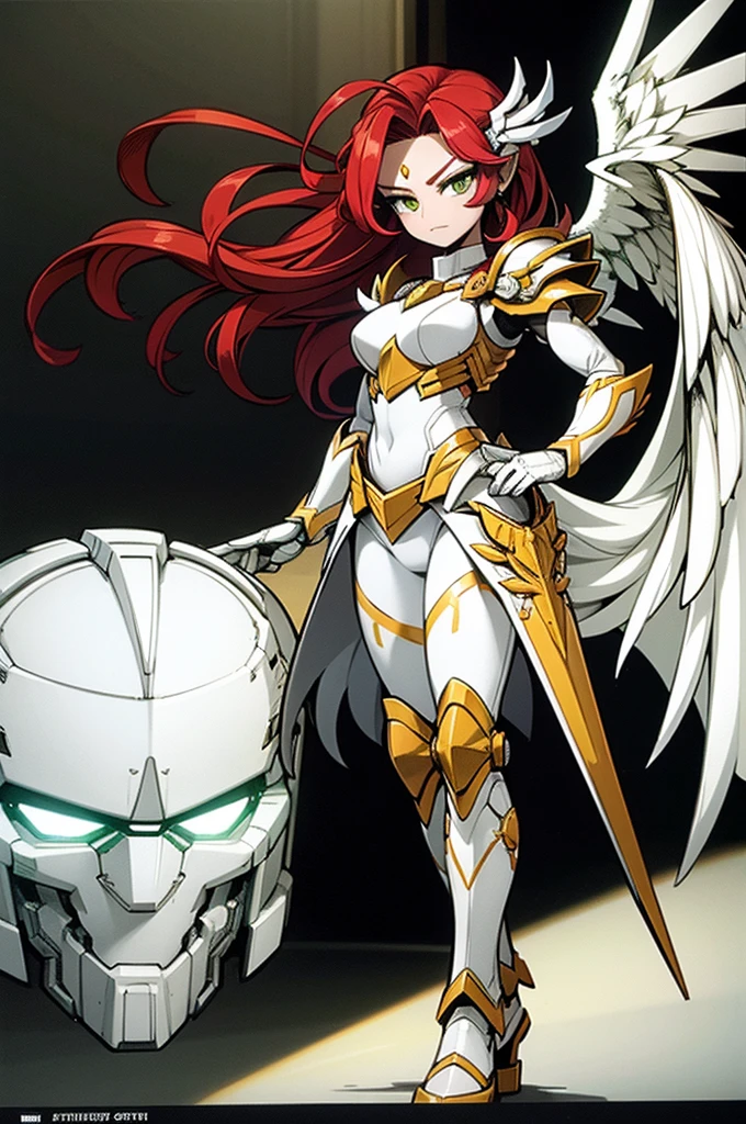 female archangel valkirie knight, full body art, red hair, white skin, emerald eye, knight full plate adorned armor, white cape, perfectly detailed, angel long adorned wings.
