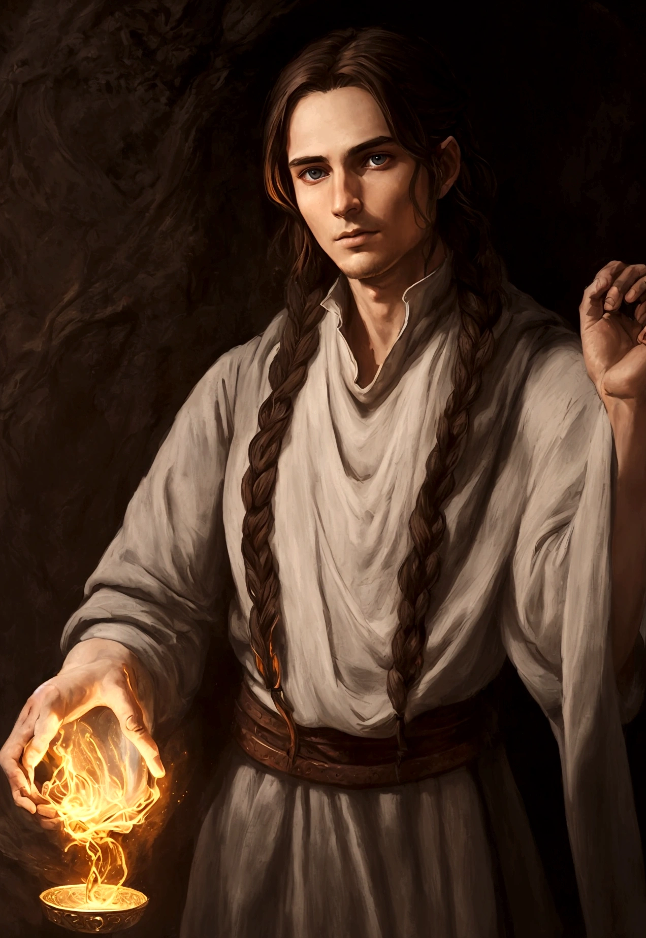 portrait art, young sorcerer, thin face, half a turn, brown hair with one waist-length braid, no beard, grey eyes, medieval era fantasy