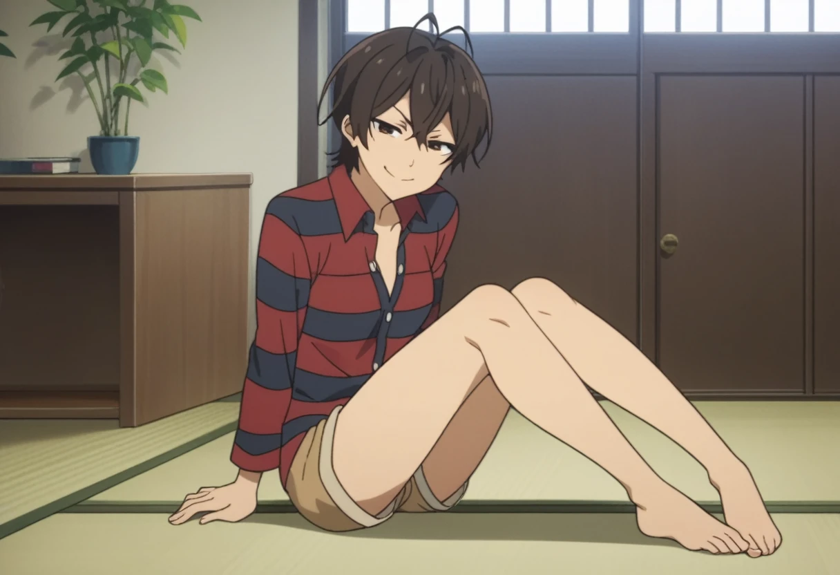 score_8_up, score_7_up, score_6_up, source anime, anime screencap, miwa, striped shirt, tatami mat, indoors, living room, looking at viewer, smirk, half-closed eyes, (unbuttoned shorts:1.3), hand in shorts, pussy juice on leg, sitting,