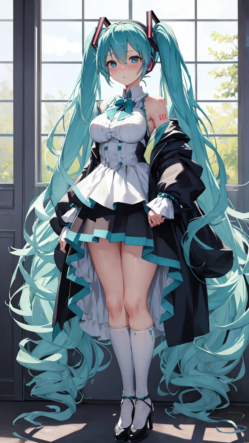 Masterpiece、Hatsune Miku VOCALOID、Twin tails、Big Breasts、A suit that fits、High heels、whole body、Glare、blush、8K、Highest quality、