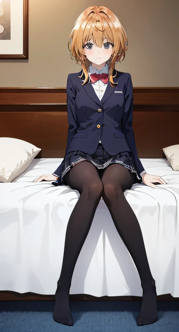 Top quality, masterpiece, High resolution, (Head to toe full body), Front and slightly below view, Symmetrical Configuration, Precisely balanced composition throughout the body、18-year-old, Slim and beautiful girl, alone, (Small breasts), (No shoes),Messy Hair, bangs, (black tights), (Black Pantyhose), (Sit on the floor with your legs open),（Shoes rolling around at your feet） (Spread-legged pose on bed), , looking at the camera, Blazer Uniform, Checkered Pleated Skirt

