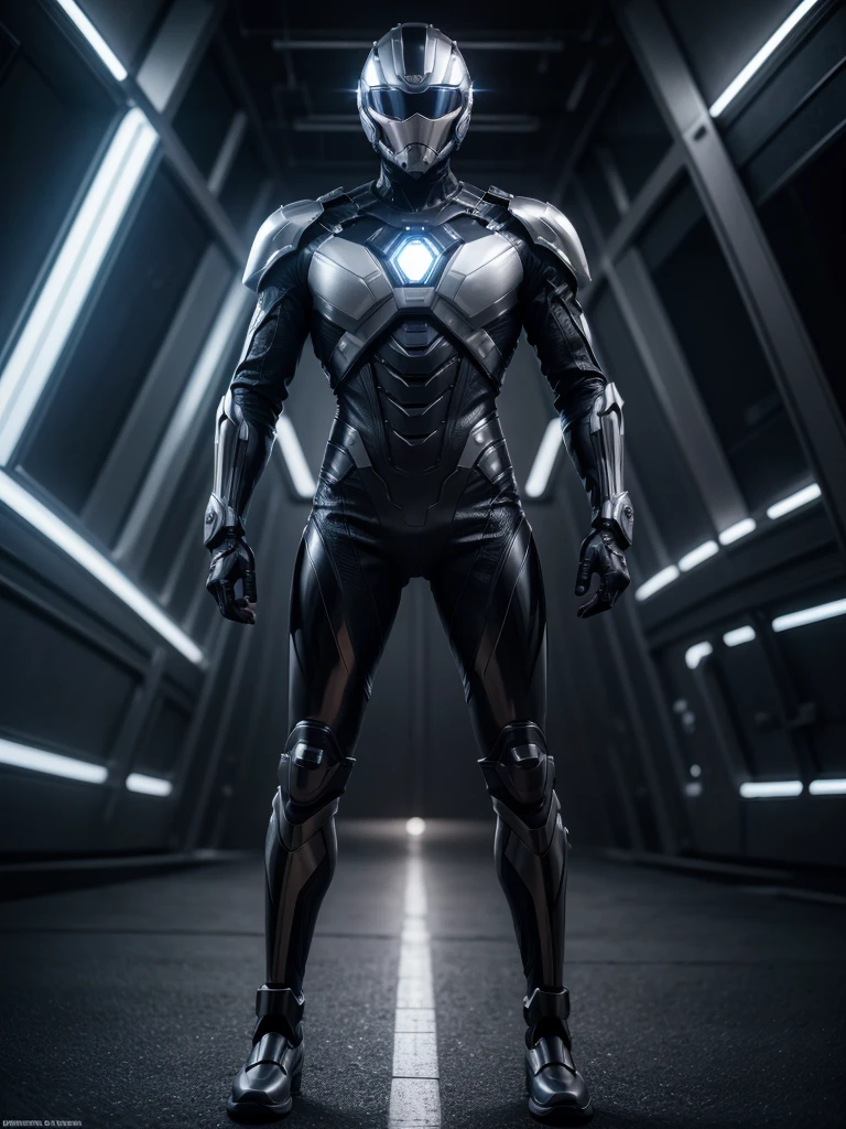 Super advanced technological metallic suit, futurist, ultra detailed 4k, black with silver lines, diseño futurist, full body man with helmet