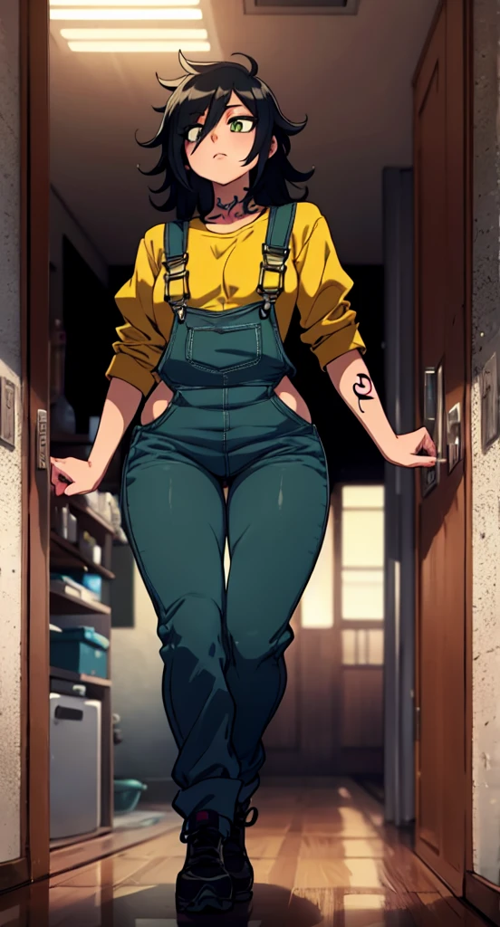 masterpiece, best quality, 1girl, ((young girl)), shiny skin, (thin waist), ((curvy)), ((wide hips)), ((small size)), hot, soft natural lighting, reflections, bright illuminations, full body, (((sexy yellow overalls))), (((tatoo on thigh))) navel, big long black hair, tomoko, sexy, slim figure, Detailed green eyes, Detailed face, Detailed eyes, tomoko kuroki, watamote, bare arms