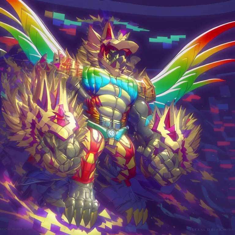 (masterpiece. official art. 8k. best quality. detailed full body. full body.)
(situation 1 : dominating The Phoenix Wolf. The Phoenix Wolf is over 1000 meters long. focus giant mechanical Muscular The Phoenix Wolf is trampling the car. Looking down.)
(situation 2 :smoke and flames rising from the destruction in the city)
(Additional details 1: Wearing golden Armor. Cape. Helmet. real texture material. whole body shines like metal. emphasizes the muscles. suit fully made of metal. Robotic suit. no face.).
(Additional details 1.5: The arms are golden. The lower half of the body is golden. The wolf-shaped helmet has sharp fangs. The whole body is golden. The chest area is also golden. There is a ring above the head.).
(Additional details 2: Detailed head. Detailed Body. Detailed abs. gigantic muscles. HYPER MUSCLES. Gigachad Muscular. big muscle. pecs. triceps. traps. unusually developed muscular body. body full of huge muscles. showing off muscles. pectorales enormes. Exaggeratedly huge muscles. huge muscles. long legs.).
(Additional details 3: Spread wings. It has wings. The claws are sharp. Sharp teeth.). He is laughing defiantly. The claws are sharp. Sharp teeth.).
(Additional details 3.5 : nj5furry, He is laughing defiantly. medieval armor.).