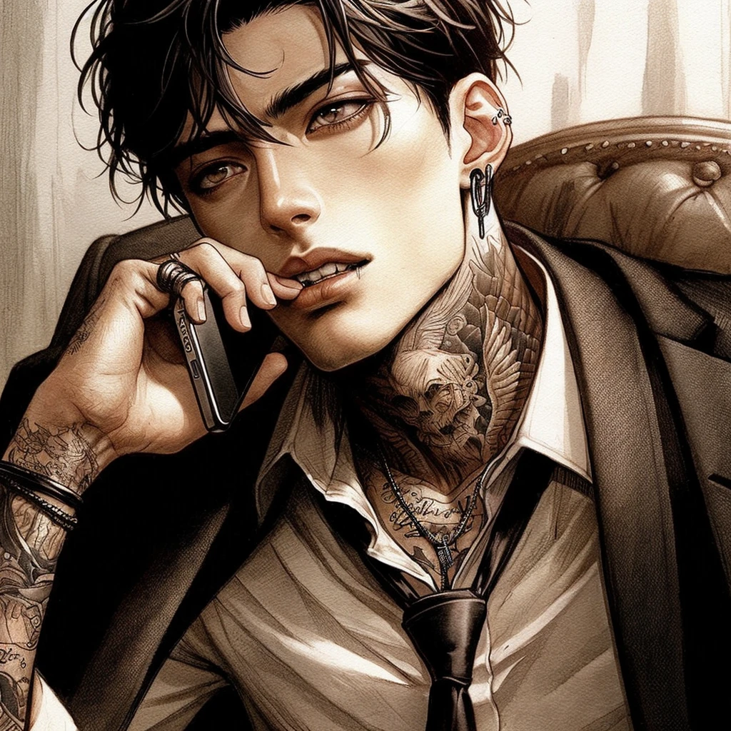Tall dark and handsome, tattoos, model looking, male, chiseled features, 2D, hand drawn, manga style, rugged, smoking, in office, wearing suit, in his 20s, comic realism, oil painting, color pencil drawn