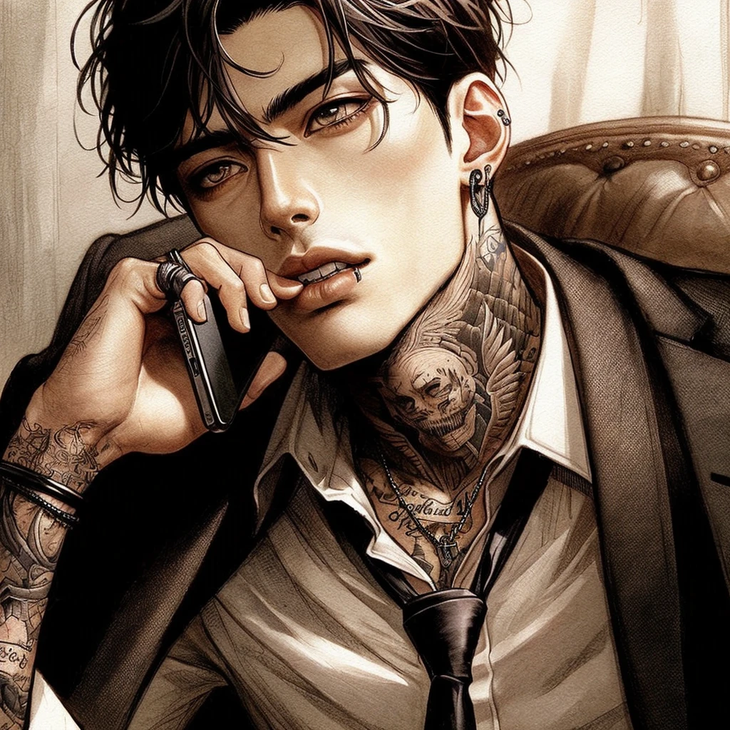 Tall dark and handsome, tattoos, model looking, male, chiseled features, 2D, hand drawn, manga style, rugged, smoking, in office, wearing suit, in his 20s, comic realism, oil painting, color pencil drawn