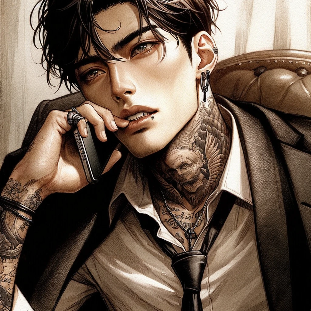 Tall dark and handsome, tattoos, model looking, male, chiseled features, 2D, hand drawn, manga style, rugged, smoking, in office, wearing suit, in his 20s, comic realism, oil painting, color pencil drawn