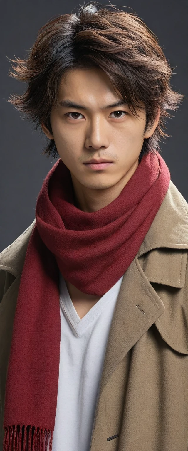 1man, perfect face, Young Japanese man wearing a red scarf and a somewhat old and worn brown jacket, best quality ,masterpiece, illustration, extremely detailed ,CG ,unity ,8k wallpaper, Amazing, finely detail, masterpiece,best quality,official art,extremely detailed CG unity 8k wallpaper,absurdres, incredibly absurdres, huge filesize, ultra-detailed, highres, extremely detailed, messy hair, japanese boy, japan young man, completely white t-shirt, battered red scarf, ryoma nagare, cream coat,18yo, 18 years old, age 18,