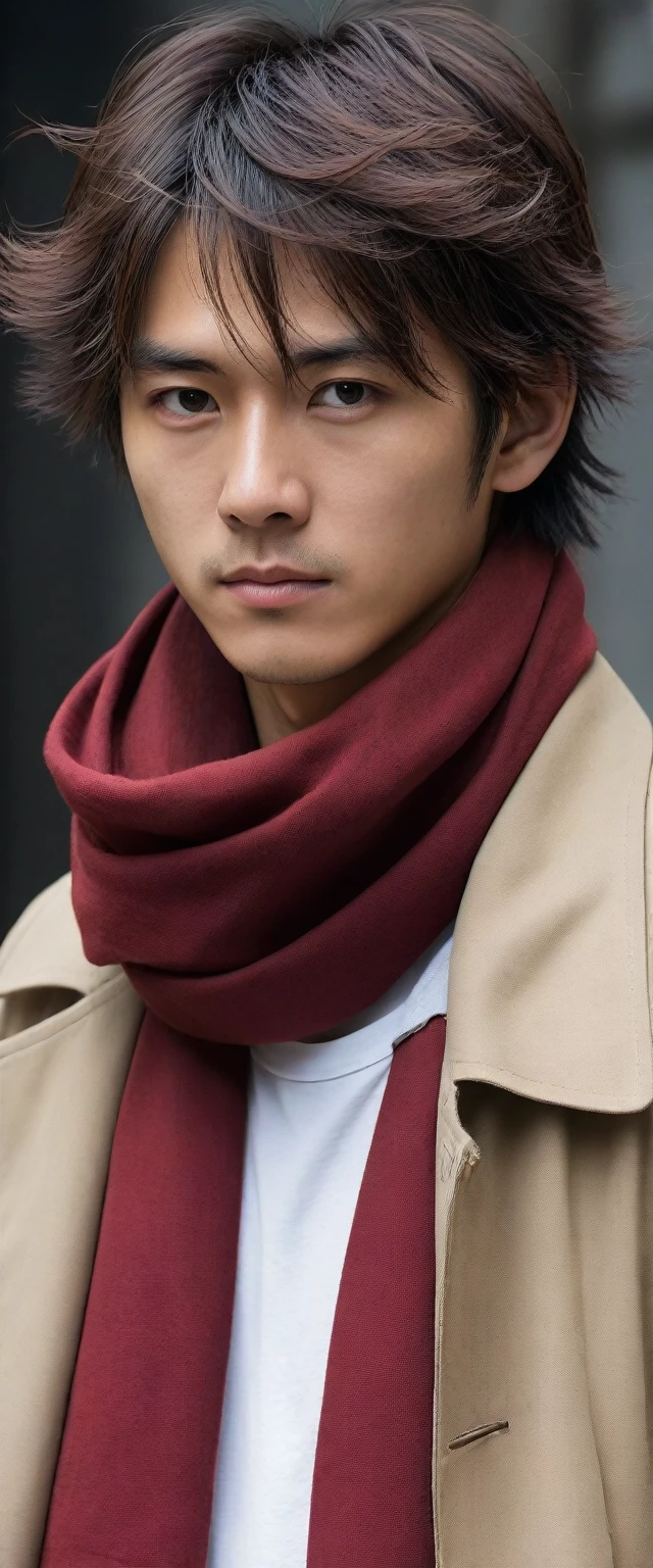 1man, perfect face, Young Japanese man wearing a red scarf and a somewhat old and worn brown jacket, best quality ,masterpiece, illustration, extremely detailed ,CG ,unity ,8k wallpaper, Amazing, finely detail, masterpiece,best quality,official art,extremely detailed CG unity 8k wallpaper,absurdres, incredibly absurdres, huge filesize, ultra-detailed, highres, extremely detailed, messy hair, japanese boy, japan young man, completely white t-shirt, battered red scarf, ryoma nagare, cream coat,18yo, 18 years old, age 18,