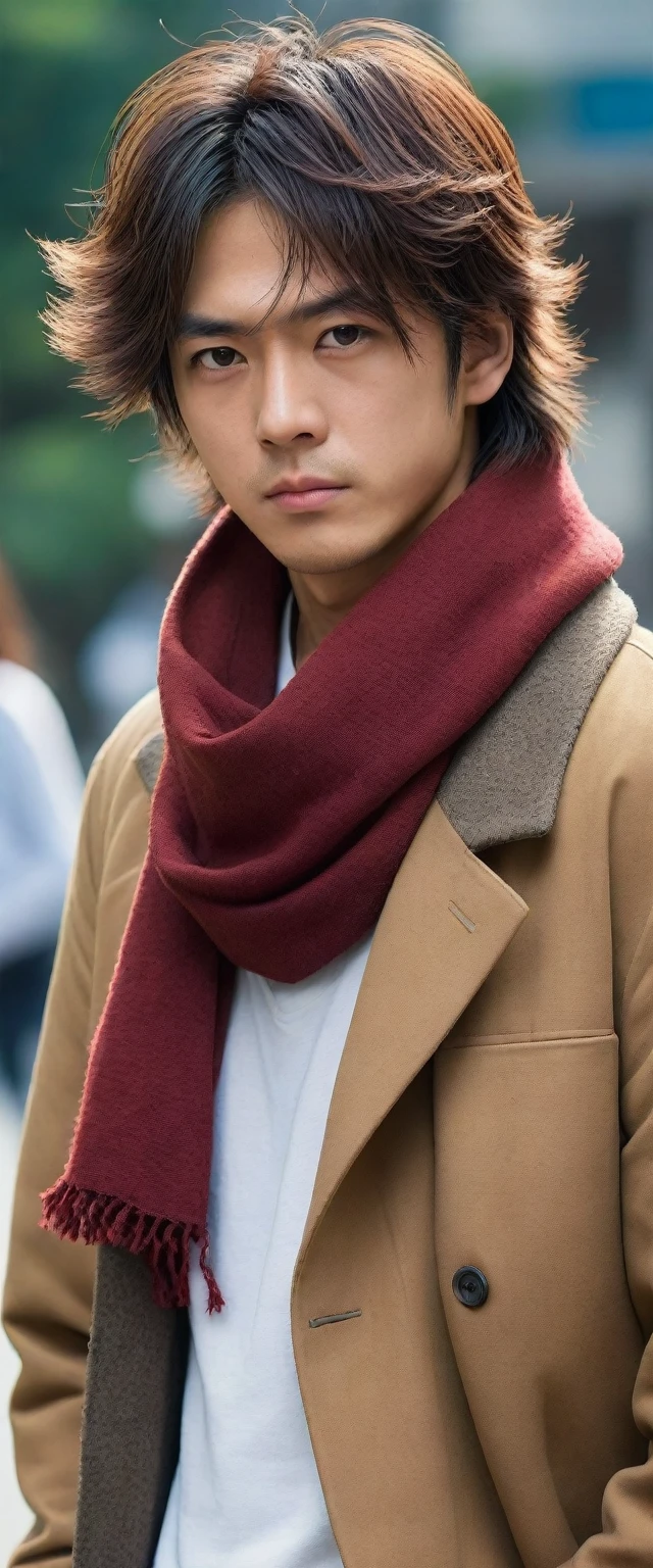 1man, perfect face, Young Japanese man wearing a red scarf and a somewhat old and worn brown jacket, best quality ,masterpiece, illustration, extremely detailed ,CG ,unity ,8k wallpaper, Amazing, finely detail, masterpiece,best quality,official art,extremely detailed CG unity 8k wallpaper,absurdres, incredibly absurdres, huge filesize, ultra-detailed, highres, extremely detailed, messy hair, japanese boy, japan young man, completely white t-shirt, battered red scarf, ryoma nagare, cream coat,18yo, 18 years old, age 18,