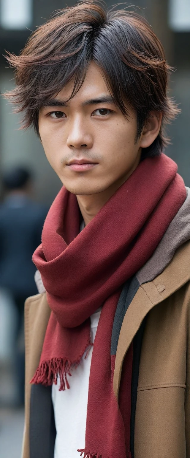 1man, perfect face, Young Japanese man wearing a red scarf and a somewhat old and worn brown jacket, best quality ,masterpiece, illustration, extremely detailed ,CG ,unity ,8k wallpaper, Amazing, finely detail, masterpiece,best quality,official art,extremely detailed CG unity 8k wallpaper,absurdres, incredibly absurdres, huge filesize, ultra-detailed, highres, extremely detailed, messy hair, japanese boy, japan young man, completely white t-shirt, battered red scarf, ryoma nagare, cream coat,18yo, 18 years old, age 18,