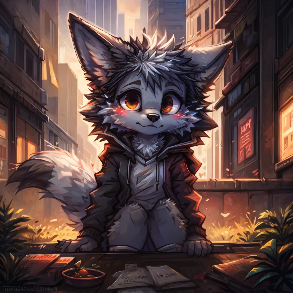 by kenket, by itihi3 itihi(Ichihi), (by Zeeta96829, by silverfox5213:0.8), (by :0.2),, Dimwitdog, hioshiru, donkeyramen ,, , (by fumiko, by silverfox5213:0.8), (by syuro:0.2),, hoary fox, furry female anthro, hoary fox girl, portrait, close-up, (hoodie:1.2), Fur trim, 独奏, (body fur:1.2), (best quality), (Detailed urban background:1.2), dramatic lighting, (detailed fluffy fur:1.1), looking at viewer, white undershirt