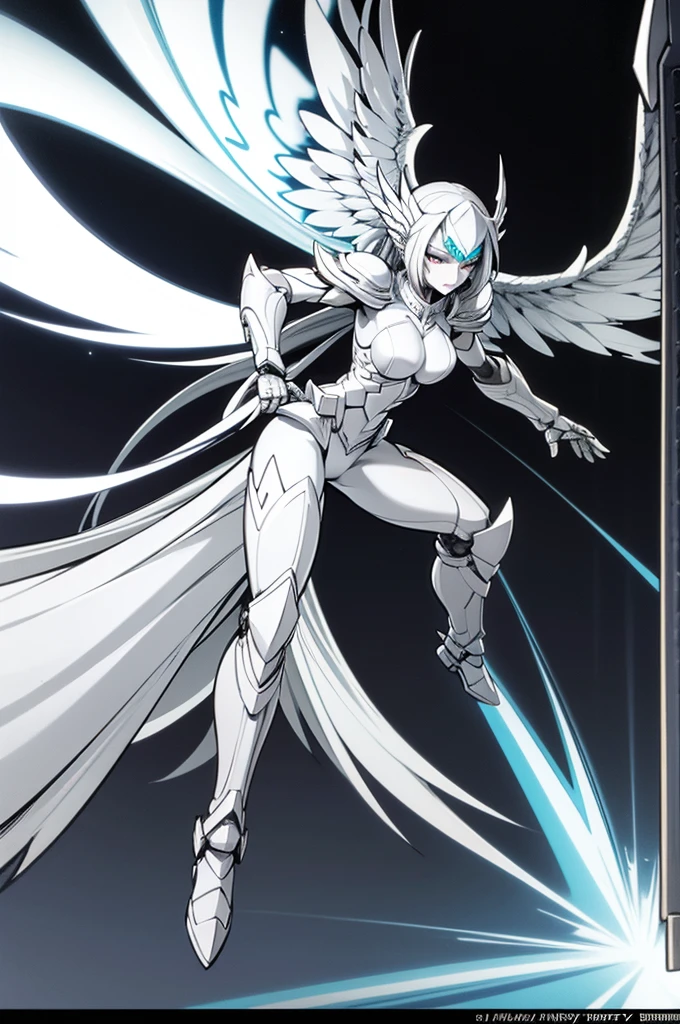 female archangel valkirie knight, full body art, silver hair, white skin, saphire eye, knight full plate adorned armor, white cape, perfectly detailed, plasma wings.