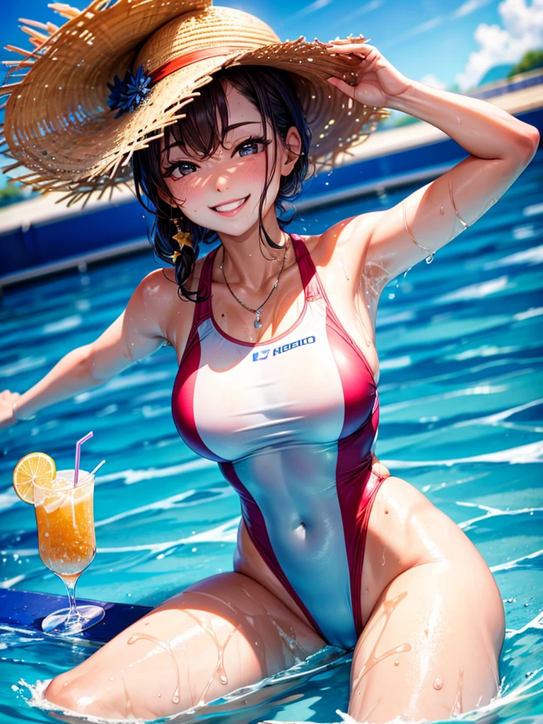 Highest quality,Highest Resolution,４K quality,Smiling woman in swimsuit at competition pool,sunny,Sweating profusely,Drink a drink,