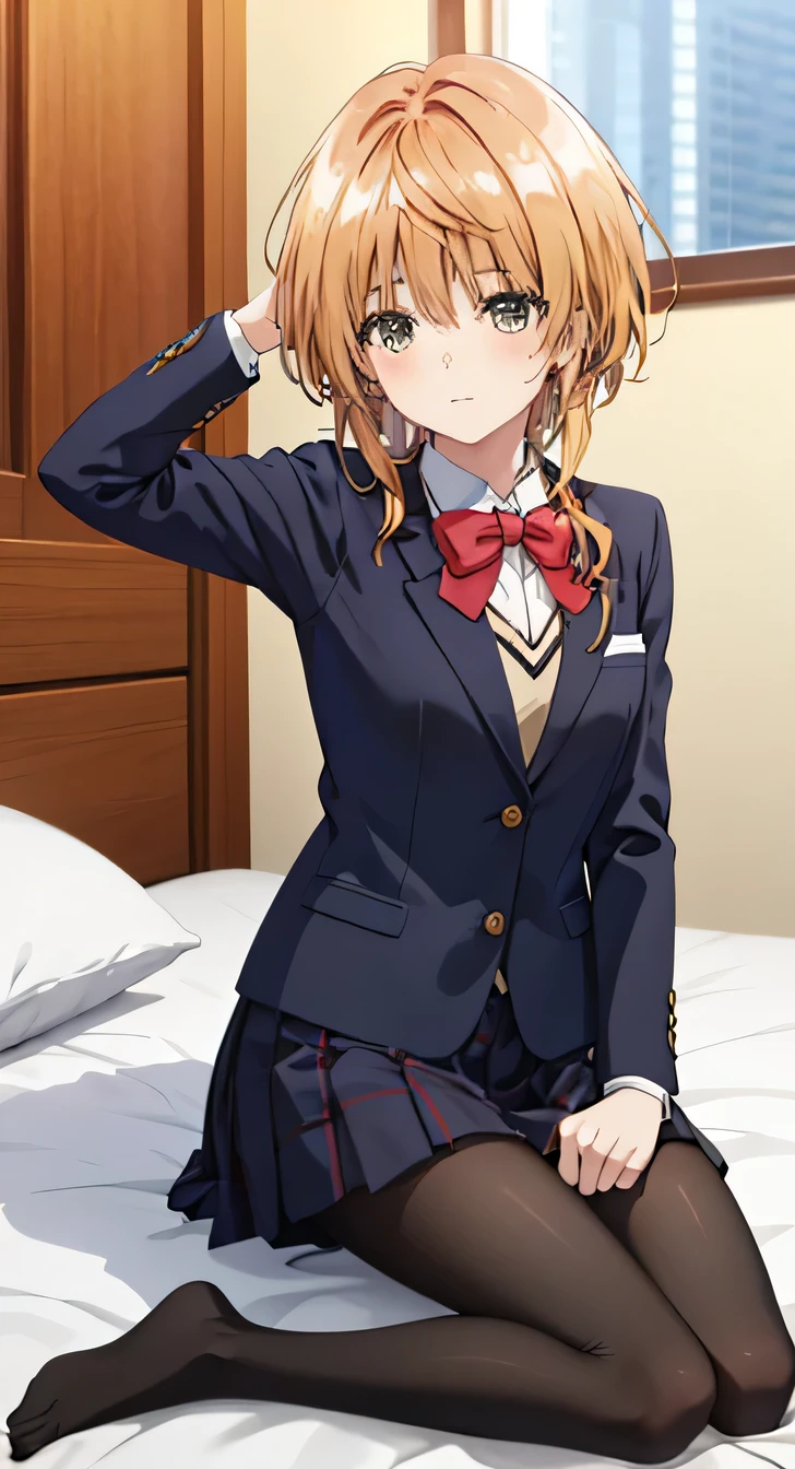 Highest quality, masterpiece, High resolution, (Head to toe), Front and slightly lower view, Symmetrical Configuration, Precisely balanced composition across the body、18-year-old, Slim and beautiful girl, alone, (Small breasts), (No shoes),Messy Hair, bangs, (black tights), (Black Pantyhose), (Sit on the floor with your legs open),(Shoes rolling around at your feet) (Spread-legged pose on bed), , Looking into the camera, Blazer Uniform, Checkered Pleated Skirt