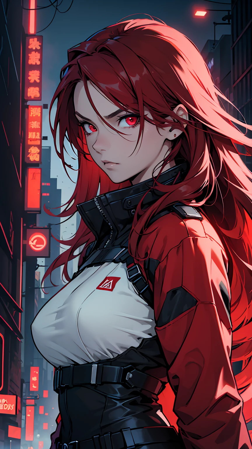 (masterpiece, best quality, Detailed), detailed face. A cinematographic scene of a serious badass long red hair girl, red eyes, with black techwear clothes, Neon lights and buildings background.