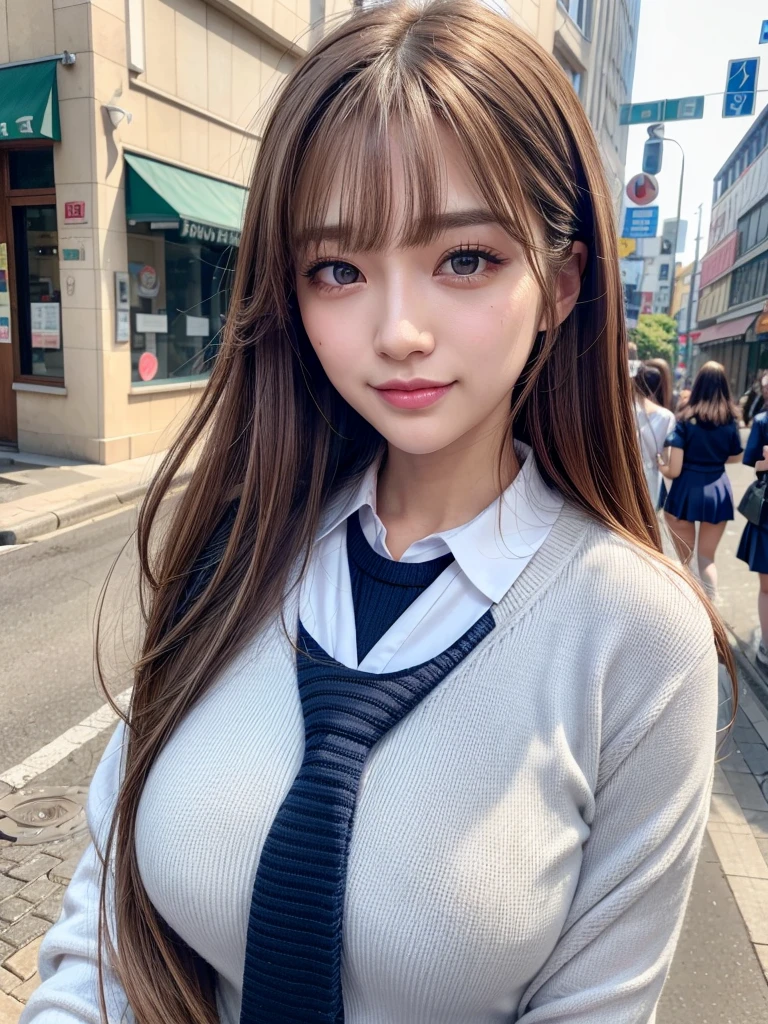8K,Best Quality, masutepiece, ultra-detailliert, 超A high resolution, Photorealistic, Raw photo, absurderes, absolutely resolution, 1girl in, upperbody shot, Looking at Viewer,a Japanese young pretty woman, hyper cute face, Glamorous figure, Large breasts,Long bob hair,Smile,(School uniform:1.3),Beautiful eyes,(Windy:1.3), Walking down a crowded road with a smile,Glossy lips, Double eyelids in both eyes, Natural makeup, long eyelashes, Glossy smooth light brown long bob hair, asymmetrical bangs, Shiny skin, central image, High resolution, high detailing, detailed hairstyle, Detailed face, spectacular movie lighting, Octane Rendering, Vibrant, Hyper realistic, Perfect limbs, Perfect Anatomy