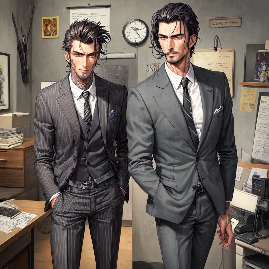 anime sexy man, dark colored hair, briefs, White office shirt
