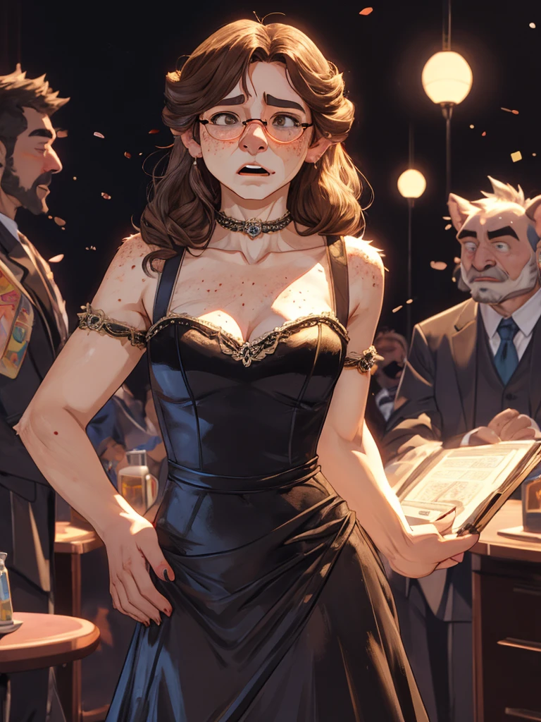 (ugly face female) , (Freckles on face:0.9) , Ugly expression , shy geek , perfect beautiful body , Too much exposed skin luxury party dress , clothed erotica , Chest protrusion , Awkward dancing , Itchy groin