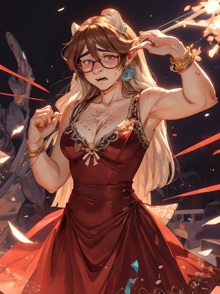 (ugly face female) , (Freckles on face:0.9) , Ugly expression , shy geek , perfect beautiful body , Too much exposed skin luxury party dress , clothed erotica , Chest protrusion , Awkward dancing , Itchy groin