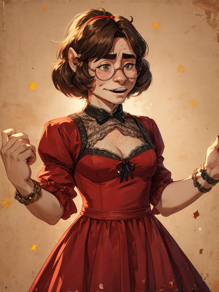 (ugly face female) , (Freckles on face:0.9) , Ugly expression , shy geek , perfect beautiful body , Too much exposed skin luxury party dress , clothed erotica , Chest protrusion , Awkward dancing , Itchy groin
