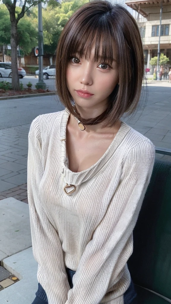 pureerosface_v1:0.3, Best Quality, Photorealistic, 8K, hight resolution, fulcolor, 1girl in, Woman, 20yr old female, (Closed mouth:1.2), (Skindentation), (Portrait:0.6), Trees, park bench, Daylight, ((Park background:1.52)), fulcolor, ((Neck sweater:1.68)), straight look at viewer:1.8, (1girl eyes looking at viewer:1.55), (short-length hair, A dark-haired, parted hair:1.45), (Bokeh),