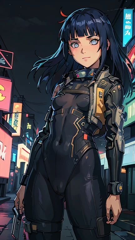 (8k),(masterpiece),(Japanese),(-yeld gi,((innocent look)),((Childish)),From the front,smile,cute,Innocent,Kind eyes,Flat chest,Hairless vagina, no bra, no Panties,Cameltoe, Hyuga Hinata wearing Cyberpunk Bodysuit,Long,Hair blowing in the wind,Dark blue Hair,Strong wind,night,dark, Neon light cyberpunk Konoha village