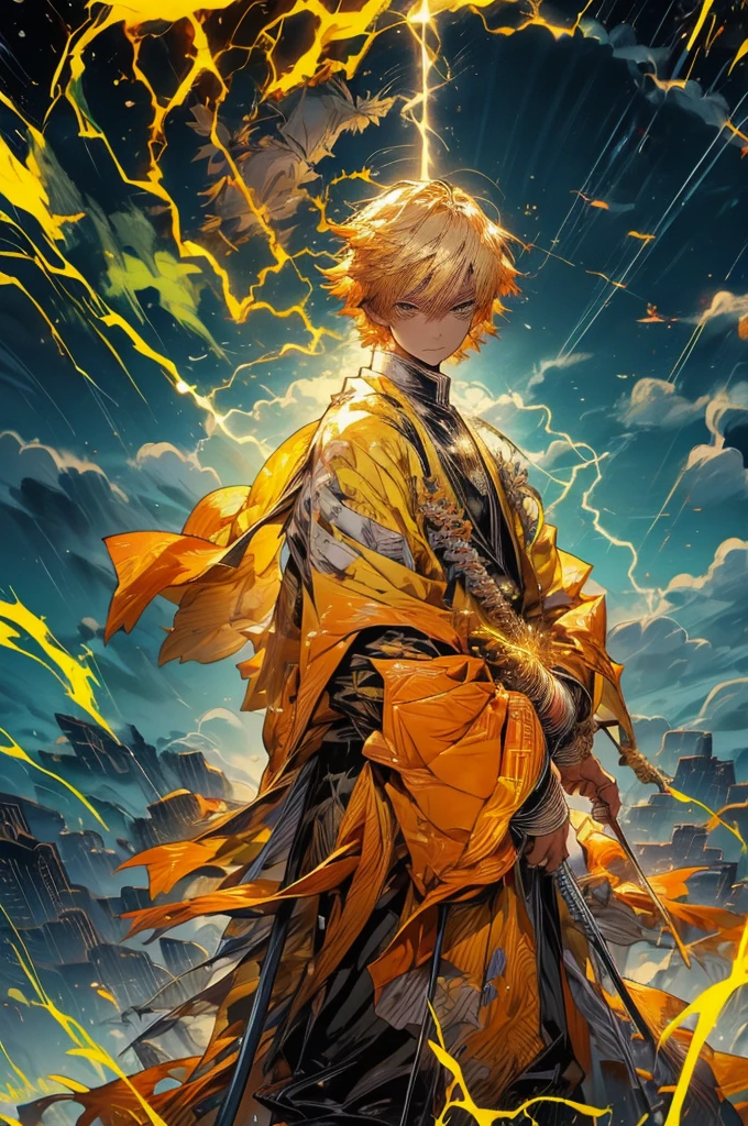 Zenitsu Agatsuma, a character from the Demon Slayer series, poised to draw his katana, a look of intense concentration in his eyes, gazing forward with nervous anticipation, slightly leaning forward, dressed in vibrant electric yellow attire, the atmosphere charged with lightning,