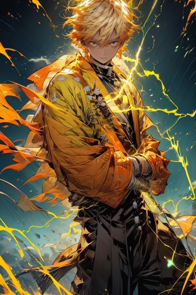 Zenitsu Agatsuma, a character from the Demon Slayer series, poised to draw his katana, a look of intense concentration in his eyes, gazing forward with nervous anticipation, slightly leaning forward, dressed in vibrant electric yellow attire, the atmosphere charged with lightning,