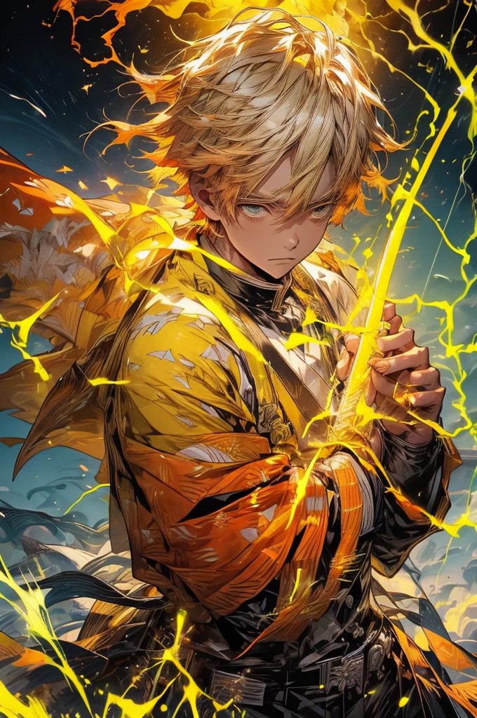 Zenitsu Agatsuma, a character from the Demon Slayer series, poised to draw his katana, a look of intense concentration in his eyes, gazing forward with nervous anticipation, slightly leaning forward, dressed in vibrant electric yellow attire, the atmosphere charged with lightning,