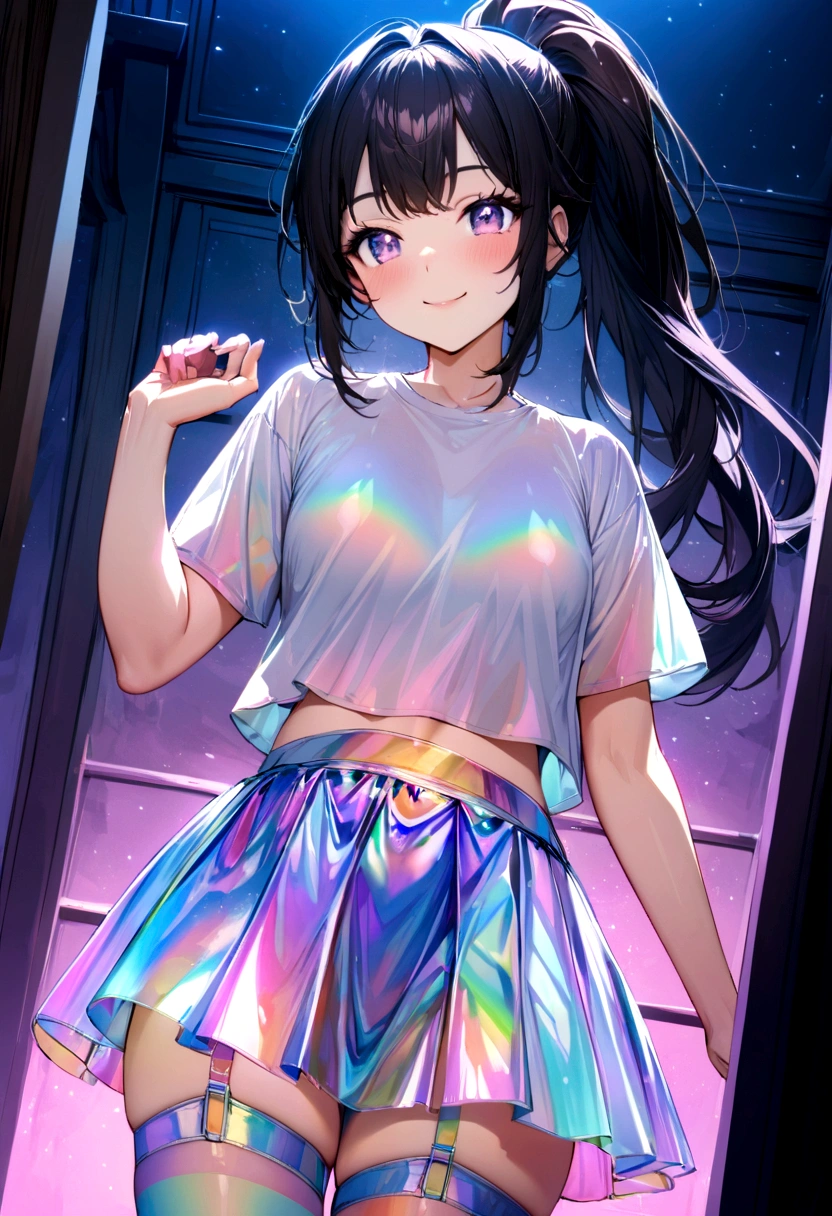 Create a high-quality, ultra-detailed anime-style full-body close-up of a smiling beautiful girl with black hair in a ponytail, wearing an iridescent short t-shirt, iridescent skirt, rainbow garter belt, and rainbow-colored knee-high stockings, standing in a dark bedroom at night.