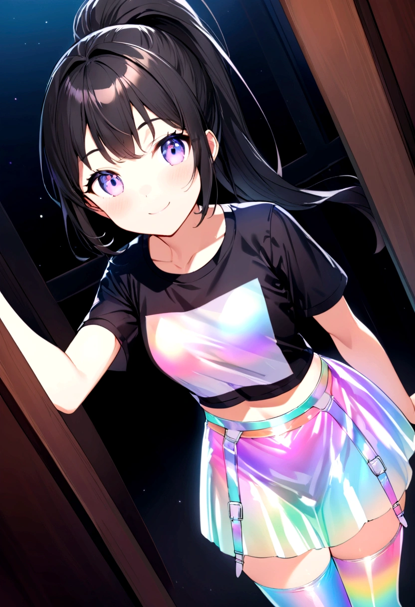 13 years old, black crop top, short skirt, cute panties, thighhighs, 