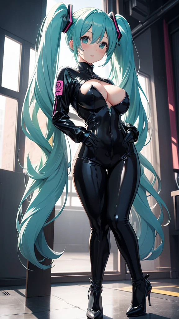 Masterpiece、Hatsune Miku VOCALOID、Twin tails、Big Breasts、Latex bodysuit、High heels、whole body、Glare、blush、8K、Highest quality、