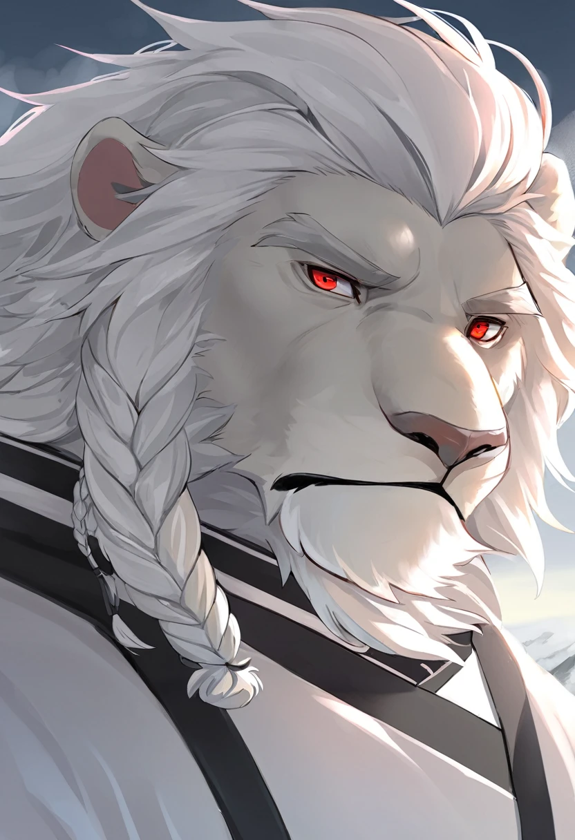 White lion，personification，Mature male，Strong Man，White hair，Cold expression，Red pupil，Gray eyebrows，Braids，Black Hanfu，Stand in the distance。