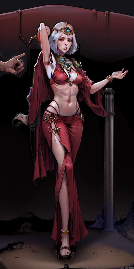 absurdrez, ((best quality)), ((masterpiece)), (detailed), dark gothic horror style, Halloween style, very small goblin girl, ((green skin)), pointy ears, (short purple hair with black streaks pixie hairstyle), aloof expression, bright red eyes, superior attitude, sassy, smug, wearing ornate open boudoir robe, full body, elegant, beautiful, dynamic pose, cinematic still, detailed eyes, in a gothic bedroom, wearing black and red jewelry, delicate, dark, dim lighting, backlit, rimlight, detailed breasts, undressing, removing black lace gloves, taking off black lace gloves, visible breasts, sexy, sexy smile, visible nipples, visible breasts, wants sex, in bedroom, bed in background, sly smile, teasing, striptease, off shoulder, raising skirt