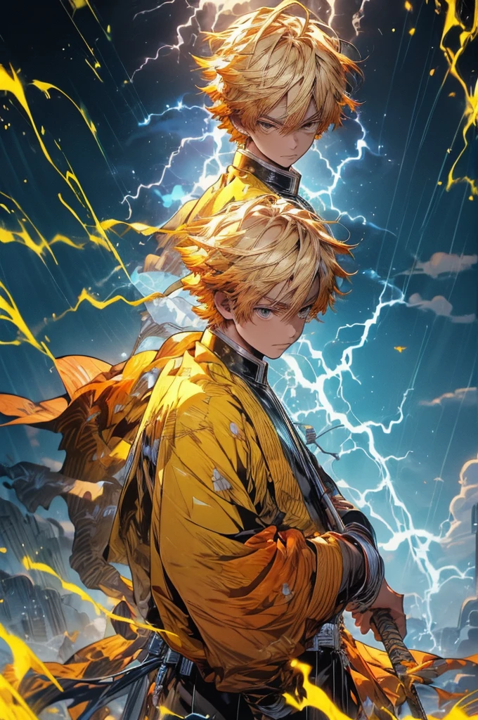 Zenitsu Agatsuma, a character from the Demon Slayer series, poised to draw his katana, a look of intense concentration in his eyes, gazing forward with nervous anticipation, slightly leaning forward, dressed in vibrant electric yellow attire, the atmosphere charged with lightning,