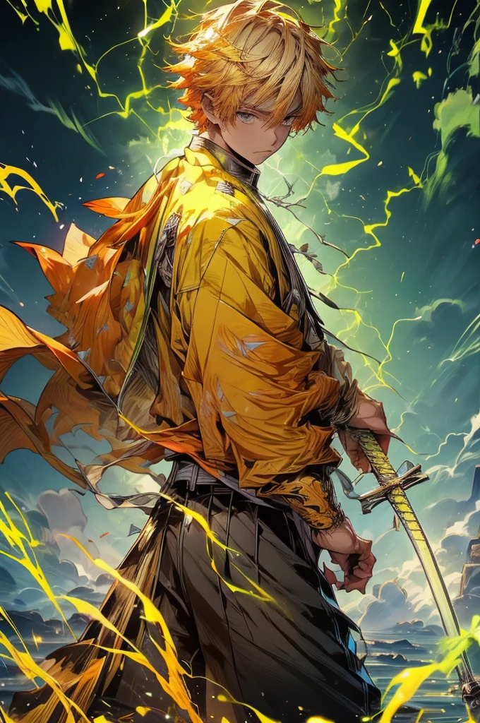 Zenitsu Agatsuma, a character from the Demon Slayer series, poised to draw his katana, a look of intense concentration in his eyes, gazing forward with nervous anticipation, slightly leaning forward, dressed in vibrant electric yellow attire, the atmosphere charged with lightning,