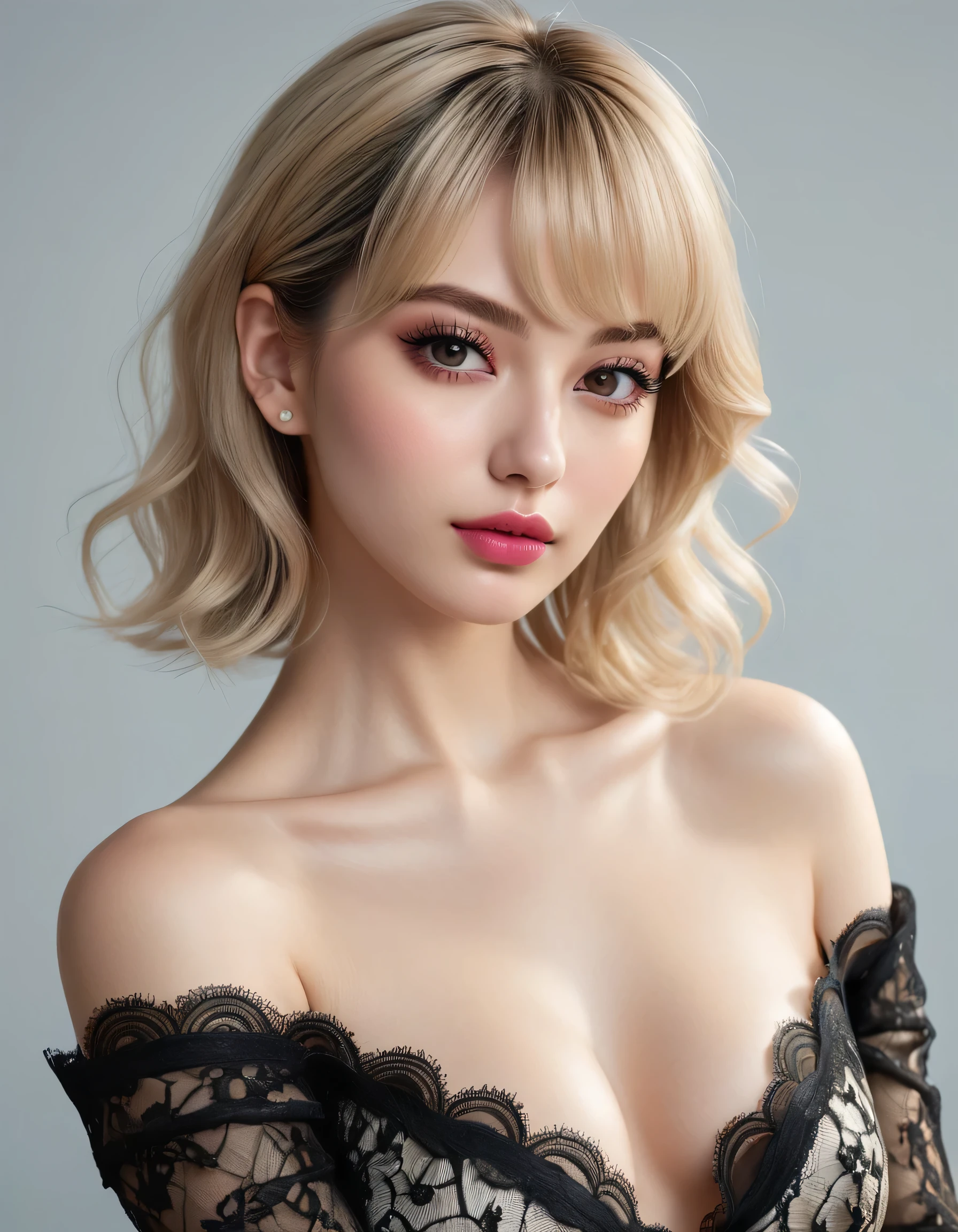 photorealistic Realism 16K Quality: (ultra absurd quality, extremely detailed detail, ultra resolution, clear sharp focus, not blurry, (Realistic black_eyes:1.3))), super Detailed, beautiful little nose, ((V-line jaw)), pink_lipstick:1.1, (Hyper detailed eyelashes), ((perfect dark_eyeshadows:1.1)), (Detailed nose:1.2), (perfect composition), pale skin, (dry skin), 16K resolution, intricate, elegant, highly detailed, The attention to detail, Double eyelids, Wear an off-the-shoulder top, full bodyesbian, ((light blonde short ((side swept bangs)), extremely detailed)), (black|white lacy:1.33), ((in kneeling position:1.3)), ((leaning forward)), (Erotic:1.5), (sharp focus), (((turn back)), ((back shot:1.3))), (looking at viewer), (hyper realistic, 8k, vibrant colors, sharp crisp image)