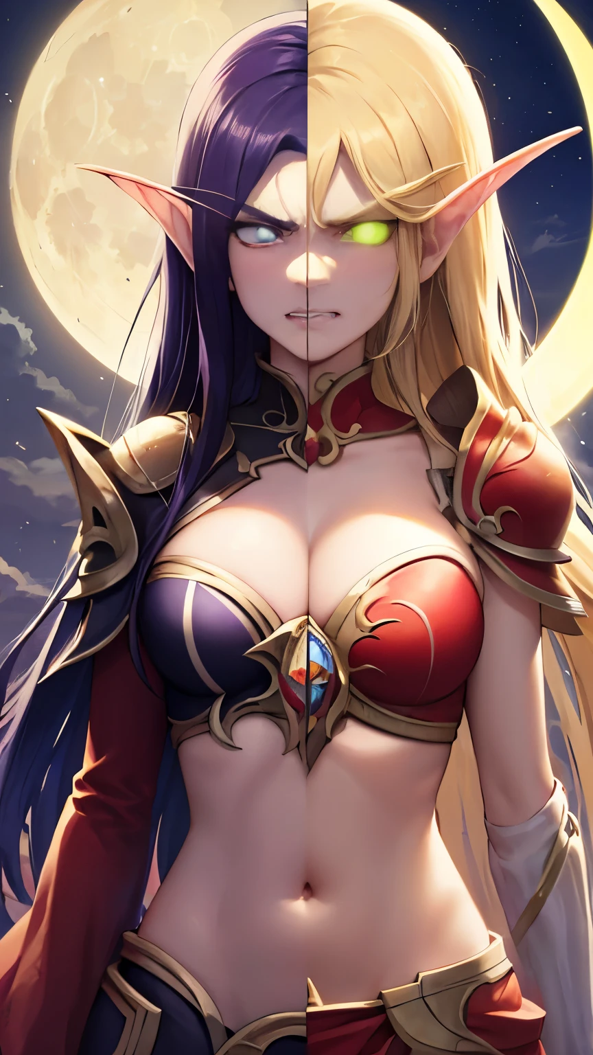 (Masterpiece, highly detailed, highly quality,  highly resolutions), 2 Pointy Ears, 2 eyebrows, line between the middle, Split Colored Hair in the Middle, cut the screen in the Middle, cut the Sun and Moon in Half, Split Colored Lips in the Middle, ({{BREAK nightelf, SplitScreen, split screen, Left screen, angry, clenched teeth, glowing eyes, left blue eyes, left Purple Hair, colored skin, mature female, purple Dress, purple shoulder pad, Navel, Cleavage, purple lips, looking at viewer, night, Sleeve, Long eyebrows, Princess of the Moon, Moon Background, left Half Moon center}}), vs, (BREAK bldelf, SplitScreen, splitscreen, Right Screen, angry, clenched teeth, glowing eyes, right Green eyes, right Blonde hair, colored sclera, mature female, Red Dress, red shoulder pad, Navel, cleavage, red lips, looking at viewer, day, Sleeves, long Eyebrows, Princess of the Sun, Sun Background, right Half Sun center))