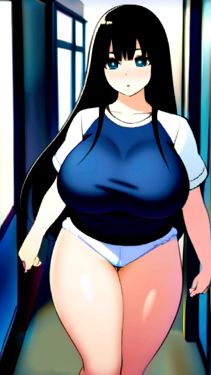 Head to knee portrait、alone、high school girl、Natural body shape、White skin、Natural Makeup、Black Hair、bangs、Straight Long Hair、((School-designated gym clothes))((White gym clothes on the upper body、Long hem))、((S size navy blue tight bloomers))、(((Tuck the bottom of your gym clothes into your bloomers)))、Big Breasts、((The upper body is wearing gym clothes))、Looking into the camera、Focus on the crotch、Her plump thighs are in full view、((walk))、(((School corridor)))