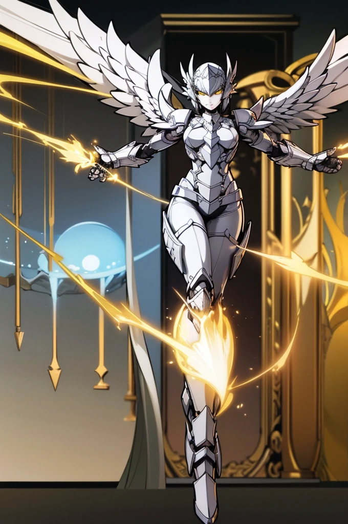 female archangel valkirie knight, full body art, blond hair, white skin, saphire eye, knight full plate adorned armor, white cape, perfectly detailed, plasma wings.