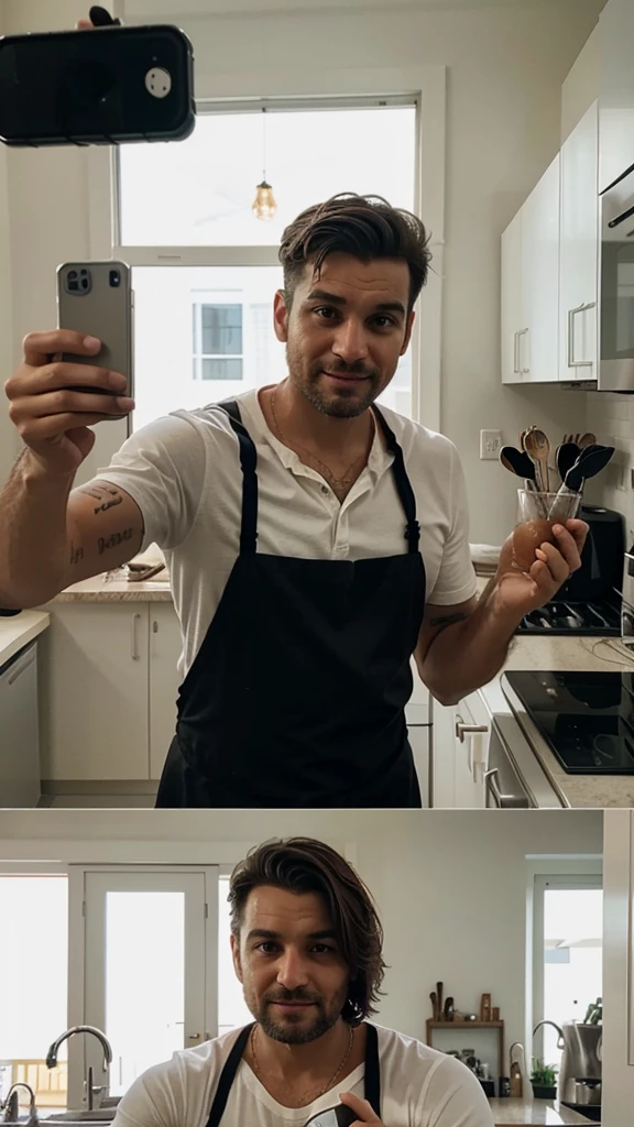  a photo in selfie mode of a man in his kitchen while he is having a coffee the photo seen from a shot of us seeing how the selfie turned out 