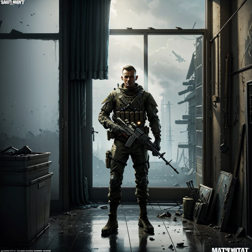 soldier with machine gun in a dirty room with a window, fps game concept art, highly realistic concept art, military art, high quality digital concept art, call of duty, screen shot of cod, stunning concept art, game art, by Slawomir Maniak, battlefield backround, fps shooter game, concept art like ernest khalimov, cod