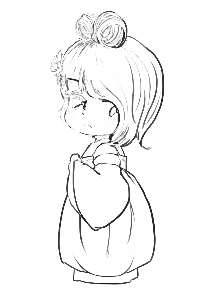 Drawing of a girl with a flower in her hair, clean Line Art, simple Line Art, thick Line Art, intense Line Art, perfect Line Art, Line Art, Clear anime silhouette, Crying and stretching out arms, Line Art!!, extremely fine ink Line Art, With a sad expression, heavy Line Art, thick black Line Art, variable Line Art