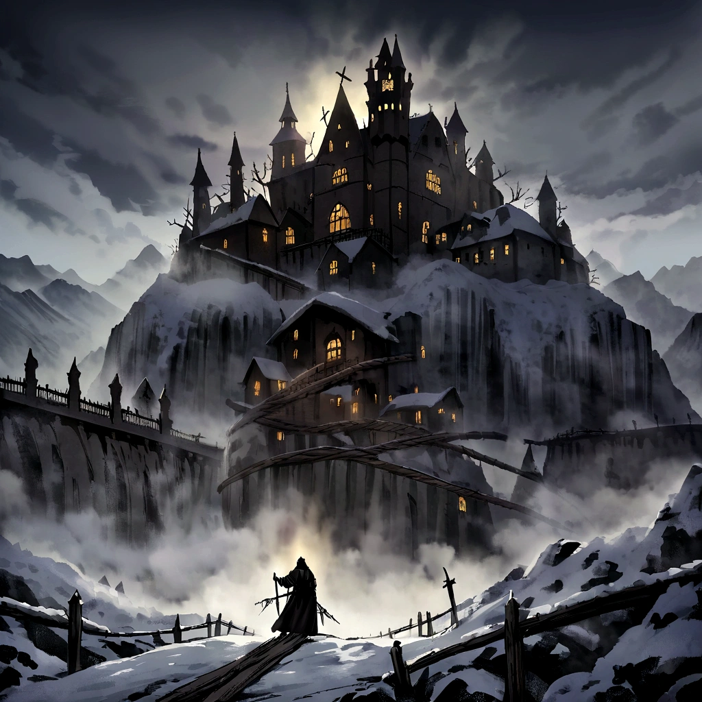 Medieval creepy monastery on top of a snowy mountain with fog and snow. Bridge of ropes and wood to reach it with an abyss below. gothic style painting. Evil is present and horror is in the late afternoon