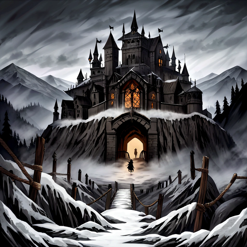 Medieval creepy monastery on top of a snowy mountain with fog and snow. Bridge of ropes and wood to reach it with an abyss below. gothic style painting. Evil is present and horror is in the late afternoon