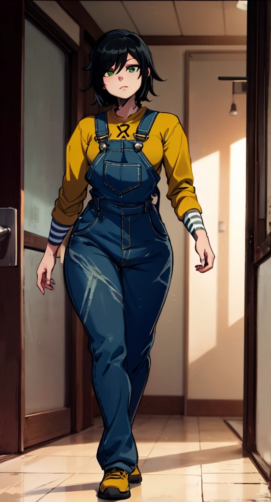 ((bare legs)), masterpiece, best quality,1girl, ((young girl)), ((large round magical green eyes)), shiny skin, (thin waist), (gray hair), ((curvy)), ((wide hips)), ((hoop earrings)), ((small size)) , ((( yellow overalls))), hot, soft natural lighting, ((bare legs)), reflections, bright illuminations, deep dark black skin, ((yellow outfit)), full body, ((bare legs)), nude legs