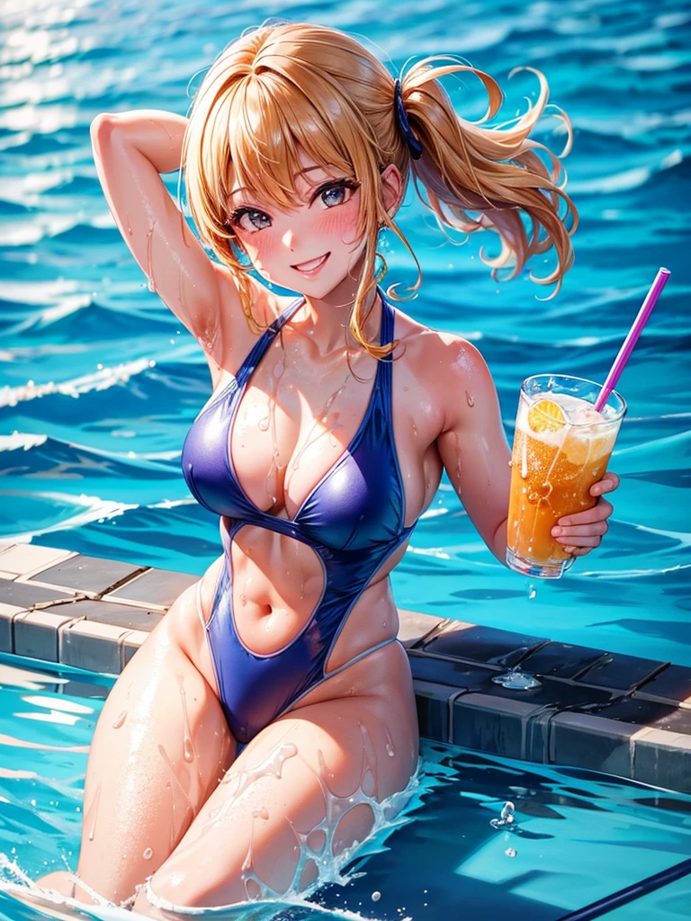Highest quality,Highest Resolution,4K quality,Smiling woman in swimsuit at competition pool,sunny,Sweating profusely,Drink a drink,