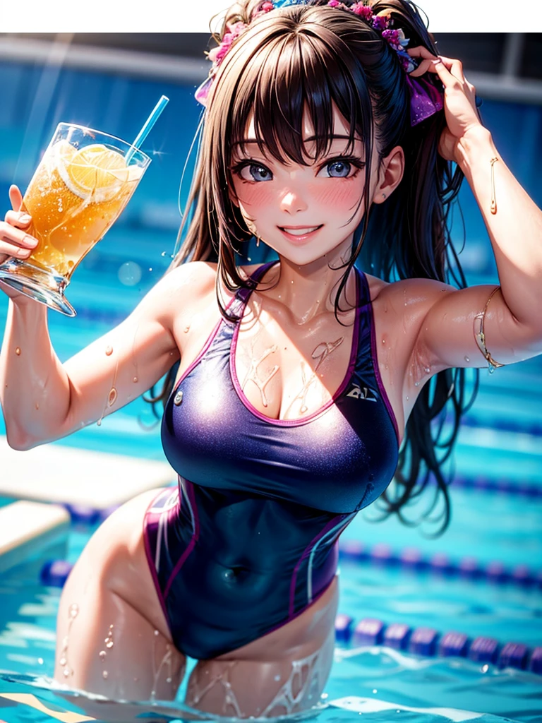 Highest quality,Highest Resolution,4K quality,Smiling woman in swimsuit at competition pool,sunny,Sweating profusely,Drink a drink,