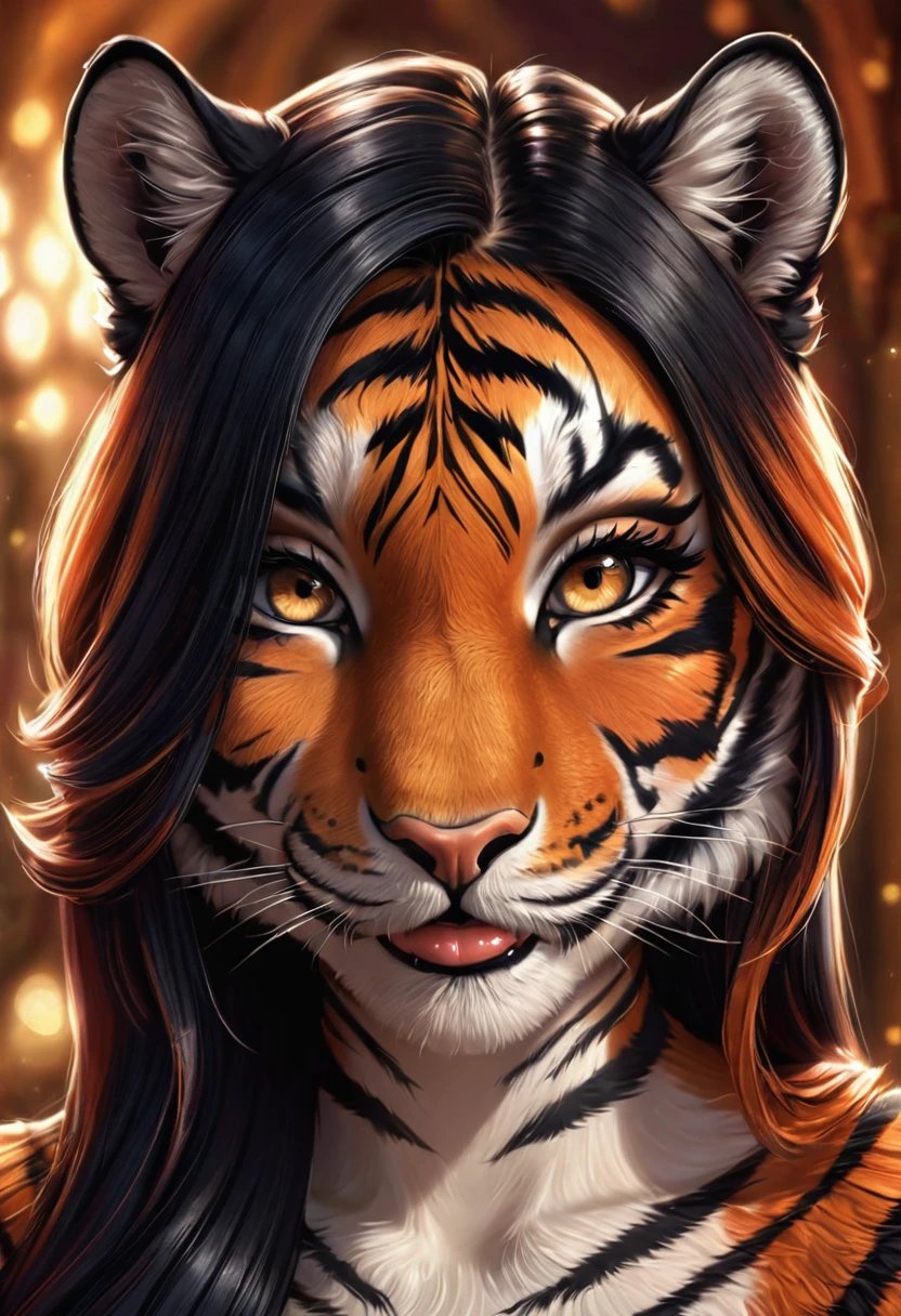 Create an realistic CGI photo of a anthropomorphic tiger women.  Long orange and black striped hair. The photo should be of the highest quality, a masterpiece with intricate details. The tiger women should have a female, humanoid, appearance, with a vaugly human face. She should have luscious lips, a wide smile, and bright, expressive eyes, exuding beauty, cuteness, and adorableness. Ensure the image is high resolution and sharply detailed, with a detailed and vibrant background. Incorporate mystical lighting in the background, creating a romantic and enchanting atmosphere. regal. noble.
